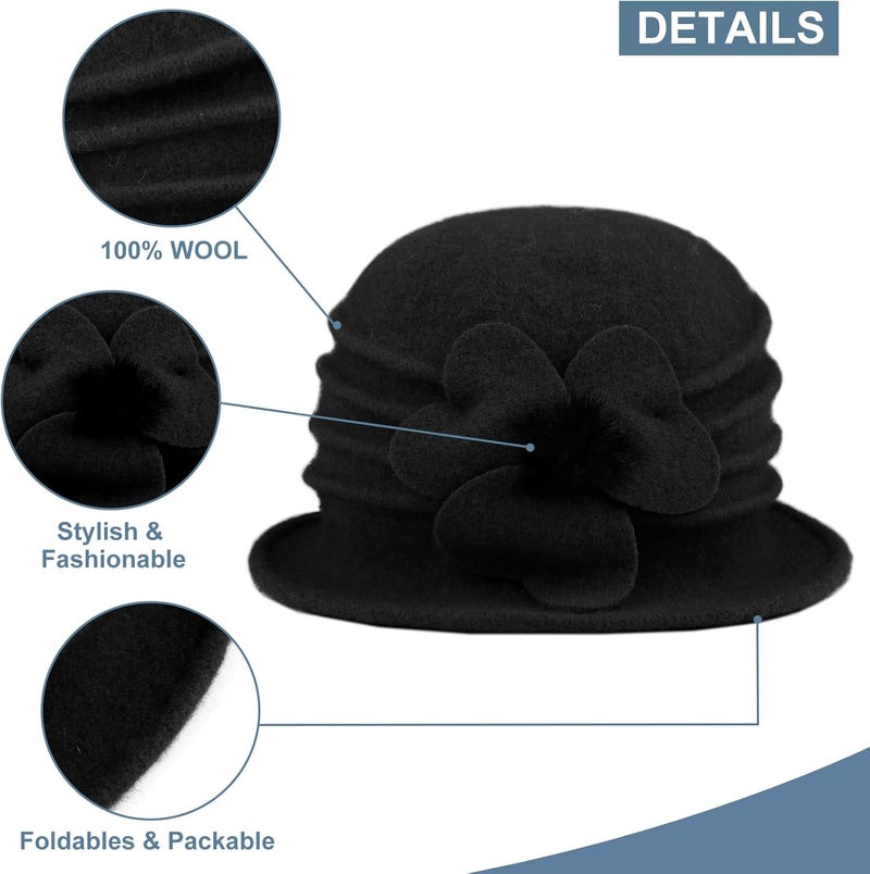 Sumolux Women Beret Hat French Vintage Floral Wool Dress Cloche Classic Winter Hat 1920s - Image 3